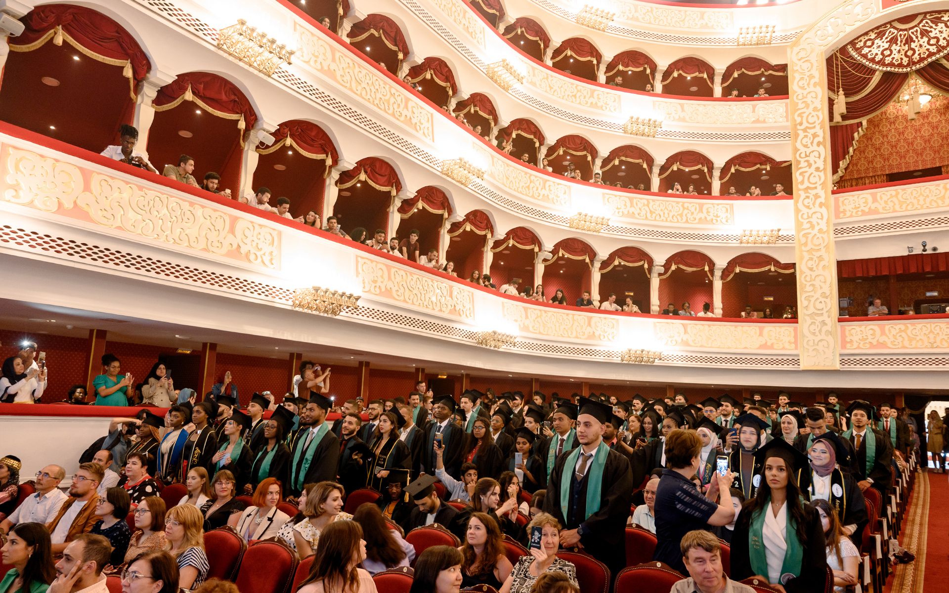 The graduation ceremony took place in a historic building of incredible beauty, the Astrakhan State Opera and Ballet Theatre where events of governmental level are held. The graduation ceremony of one of the most prestigious medical universities was traditionally held on a royal scale. Tears of joy, hugs from parents, gratitude to professors and solemn speeches, music and dances, talented performers, hundreds of balloons released into the sky as a symbol of the beginning of the adulthood; it was really beautiful, touching and warm. The group of Russian state universities RACUS fully organized and funded the festival for its graduates.